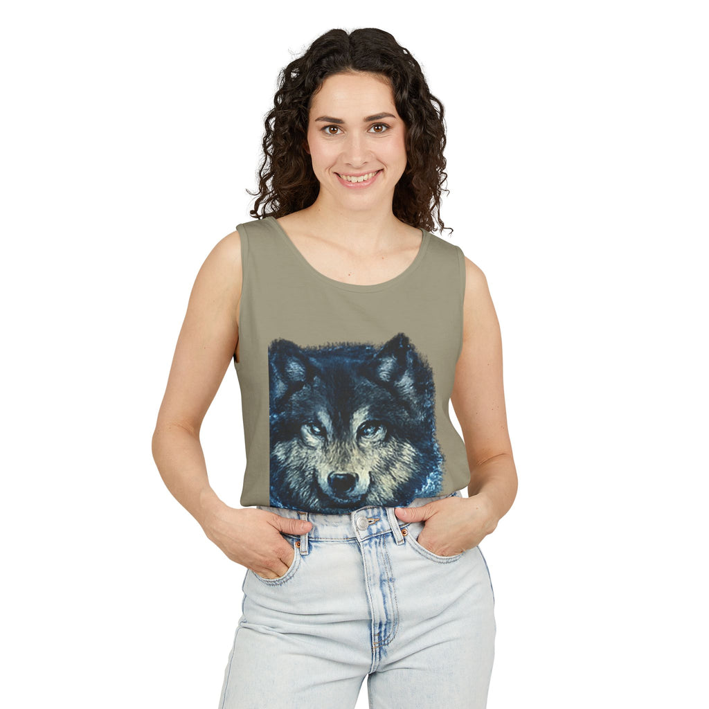 Wolf Face Tank Top — Vintage Blue Wolf Graphic Animal Lover Tee