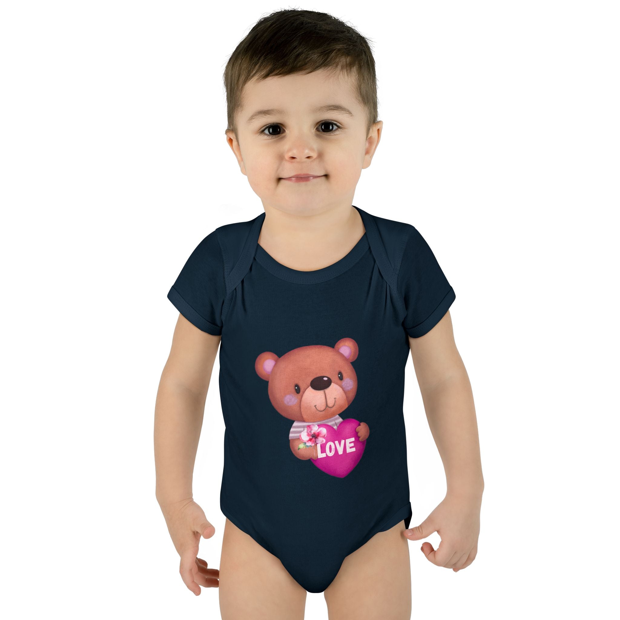 Baby Bodysuit - Cute Teddy Holding 'Love' Heart | Infant Valentine Onesie