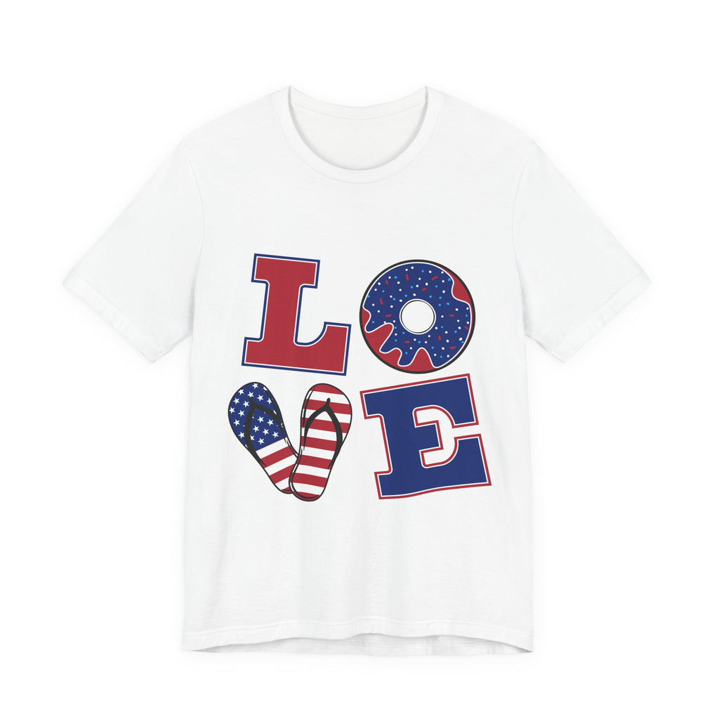 Patriotic "LOVE" America T-Shirt — USA Flag Donut & Flip-Flop Design