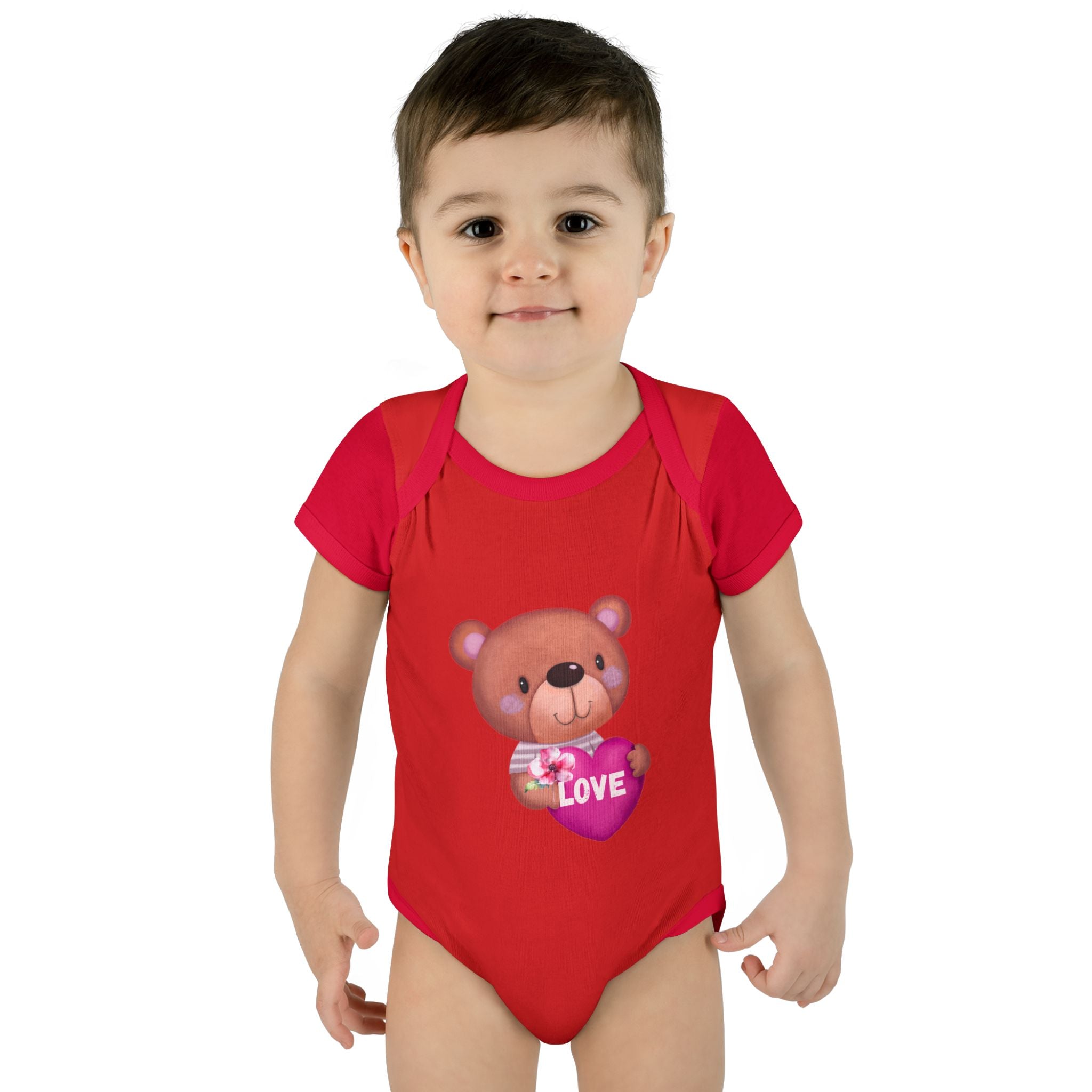 Baby Bodysuit - Cute Teddy Holding 'Love' Heart | Infant Valentine Onesie