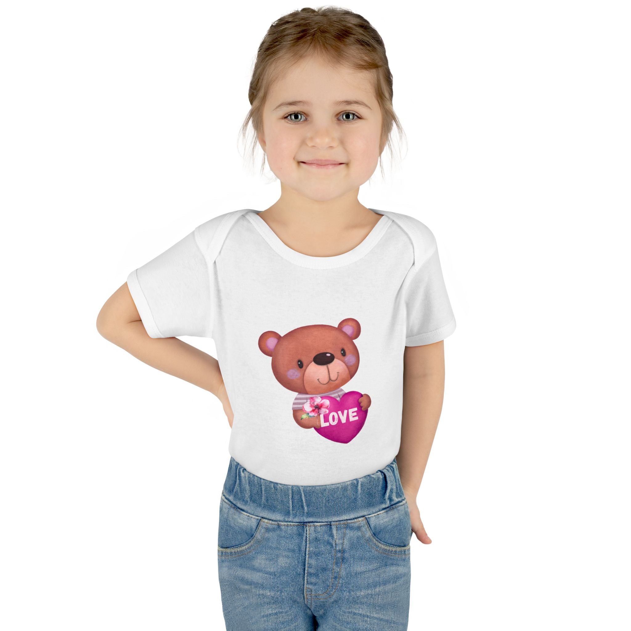 Baby Bodysuit - Cute Teddy Holding 'Love' Heart | Infant Valentine Onesie