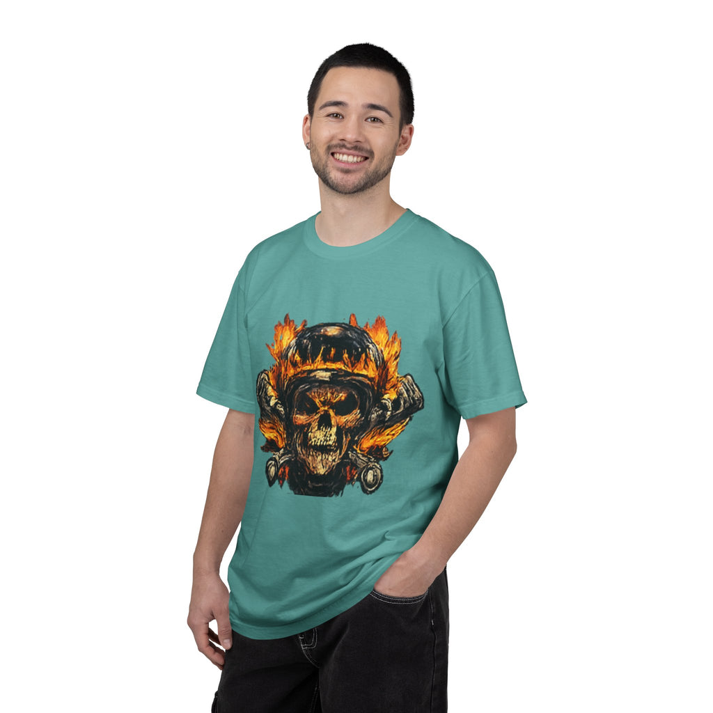 Flaming Skull Helmet T‑Shirt — Biker Rock Graphic Tee