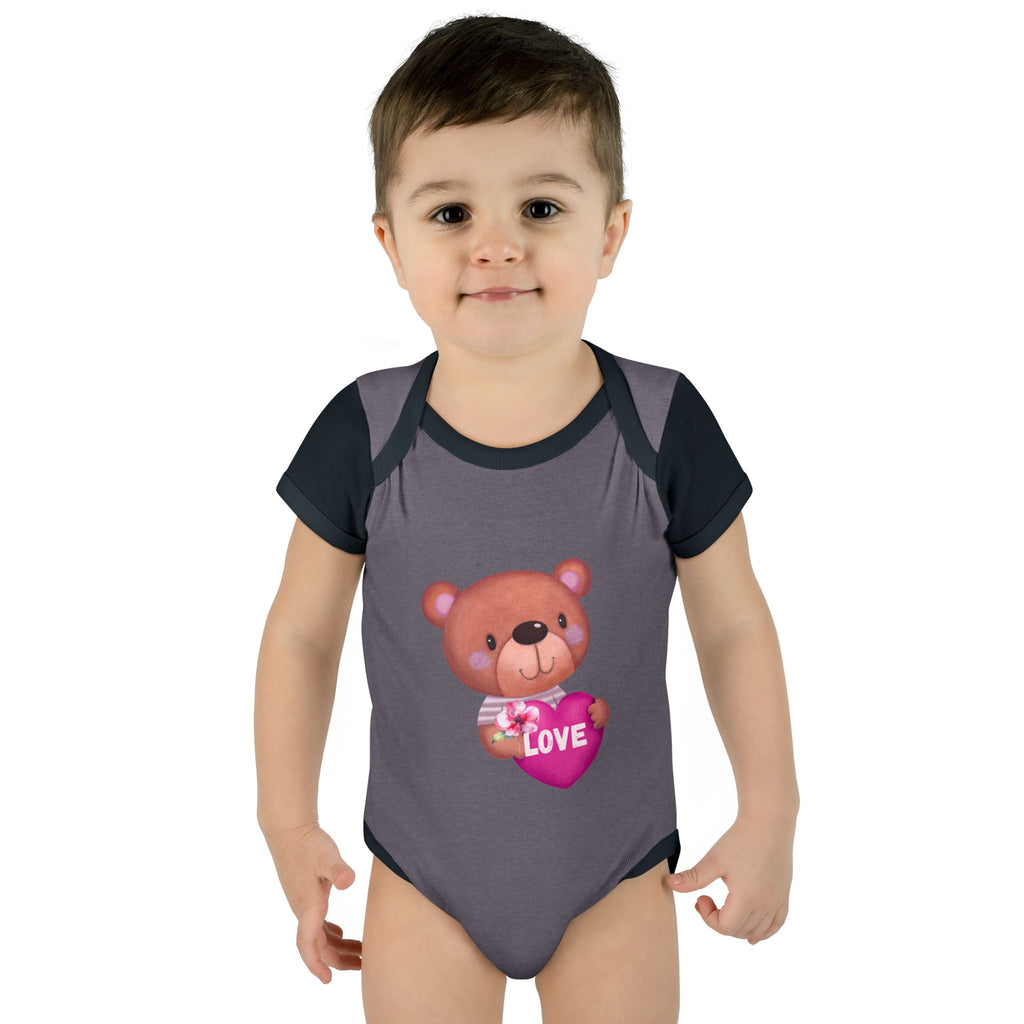 Baby Bodysuit - Cute Teddy Holding 'Love' Heart | Infant Valentine Onesie
