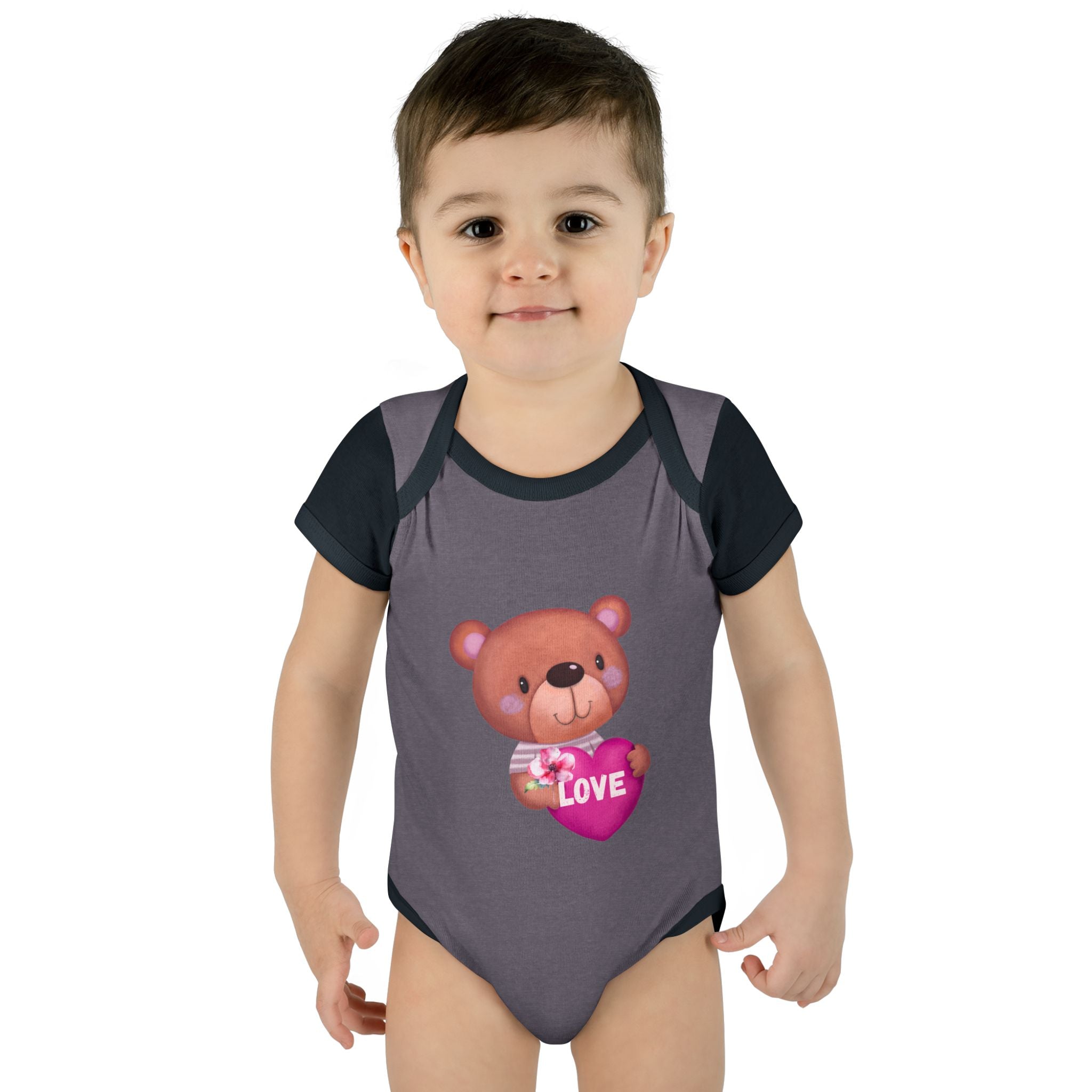 Baby Bodysuit - Cute Teddy Holding 'Love' Heart | Infant Valentine Onesie
