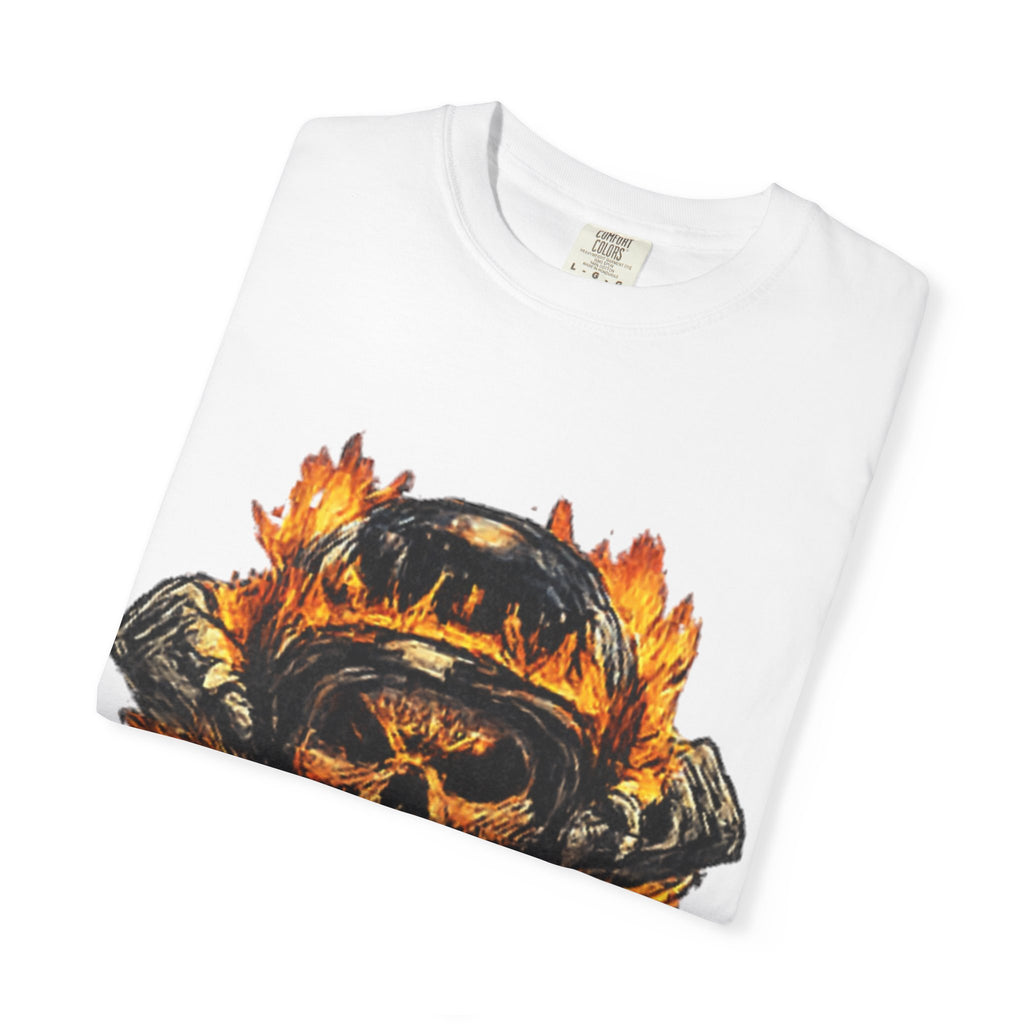 Flaming Skull Helmet T‑Shirt — Biker Rock Graphic Tee