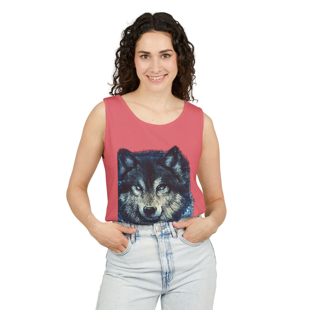 Wolf Face Tank Top — Vintage Blue Wolf Graphic Animal Lover Tee
