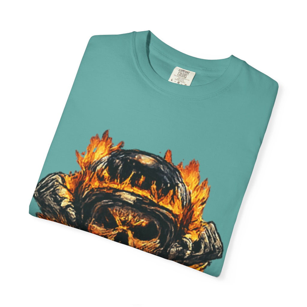 Flaming Skull Helmet T‑Shirt — Biker Rock Graphic Tee