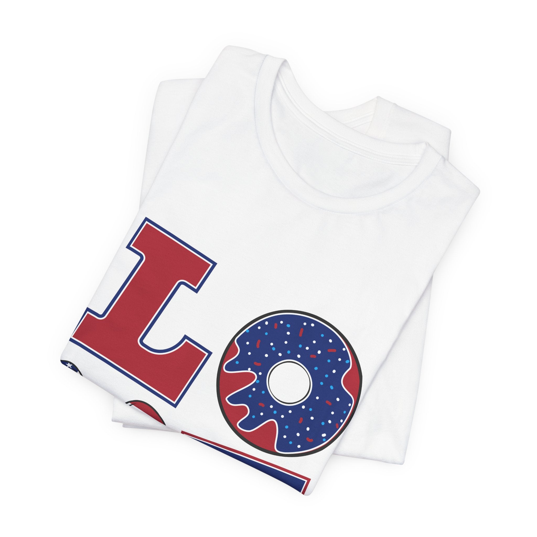 Patriotic "LOVE" America T-Shirt — USA Flag Donut & Flip-Flop Design