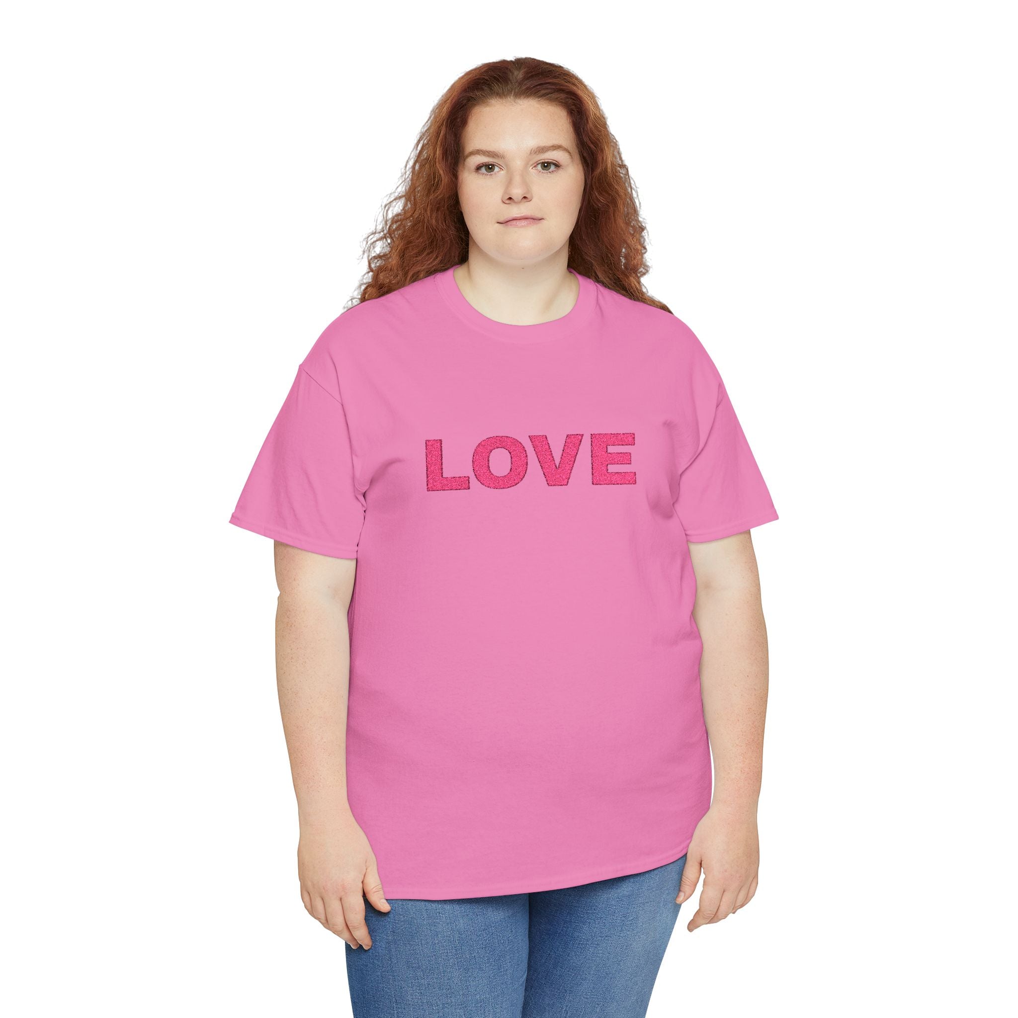 LOVE Glitter Text T-Shirt — Women's Pink Sparkle Tee for Valentine's Day