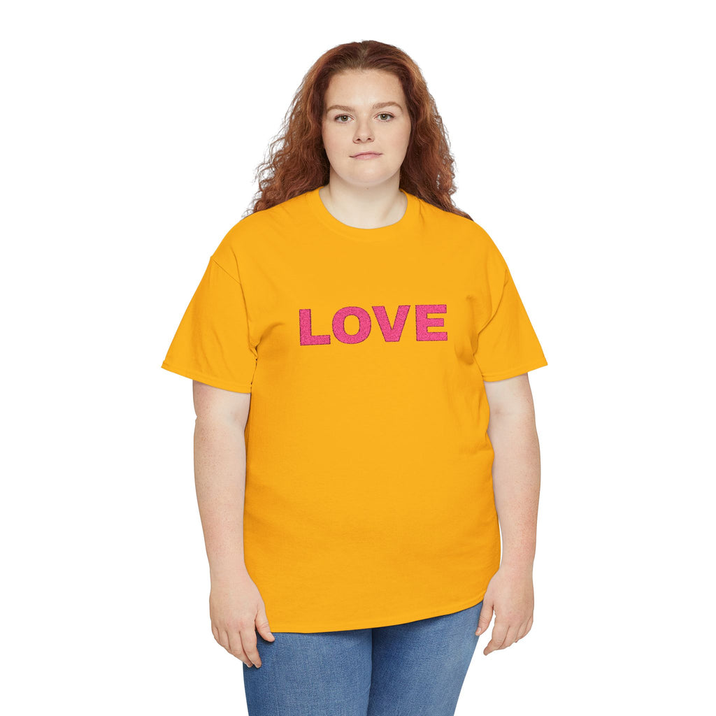 LOVE Glitter Text T-Shirt — Women's Pink Sparkle Tee for Valentine's Day