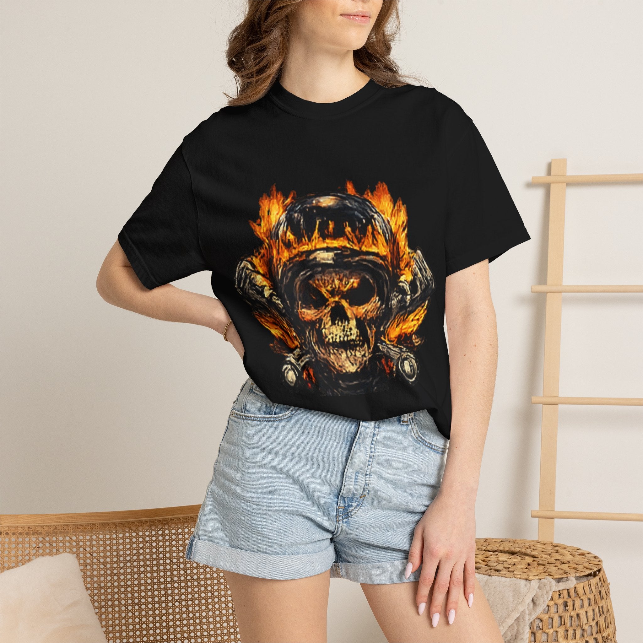 Flaming Skull Helmet T‑Shirt — Biker Rock Graphic Tee