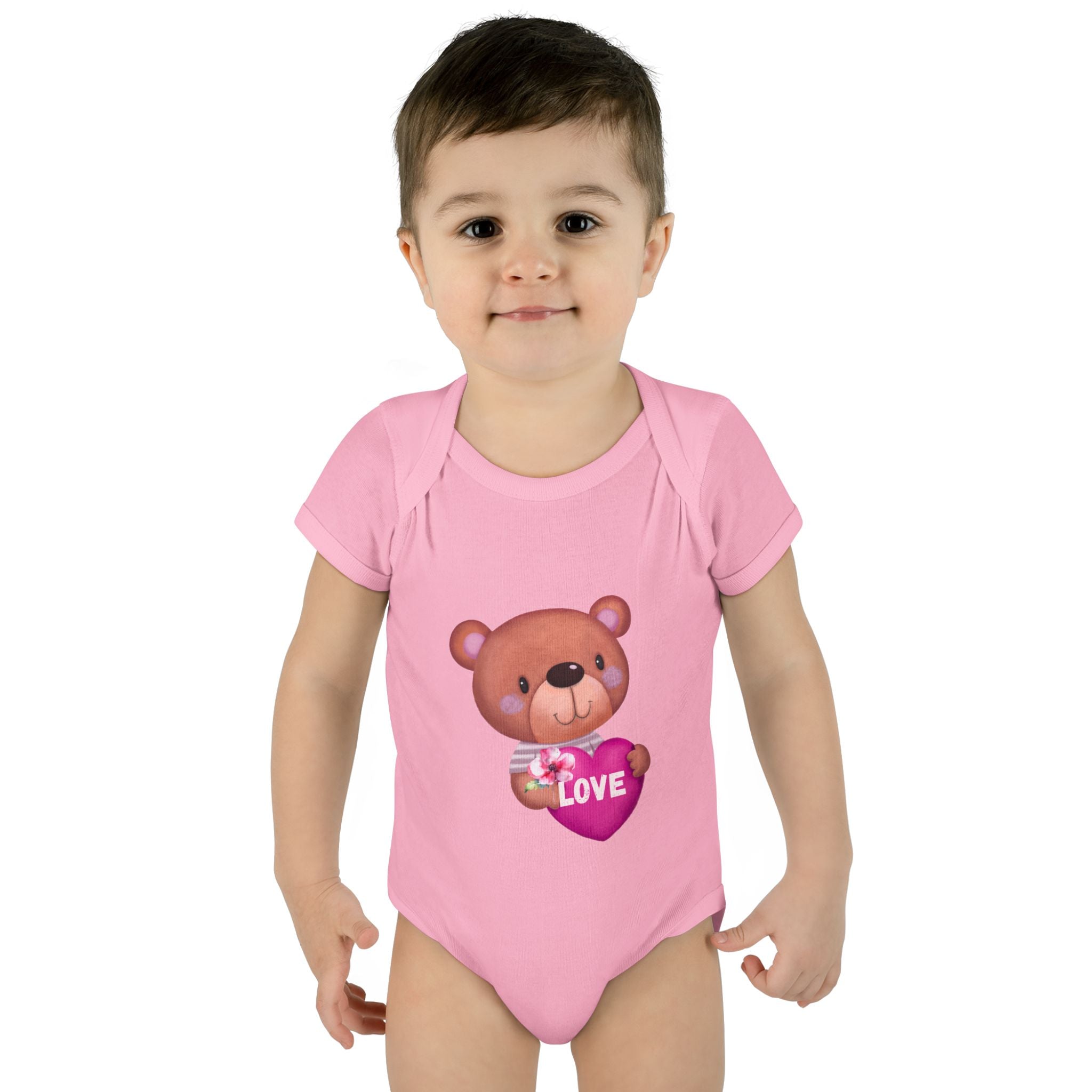 Baby Bodysuit - Cute Teddy Holding 'Love' Heart | Infant Valentine Onesie