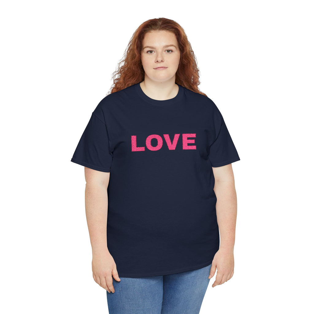 LOVE Glitter Text T-Shirt — Women's Pink Sparkle Tee for Valentine's Day