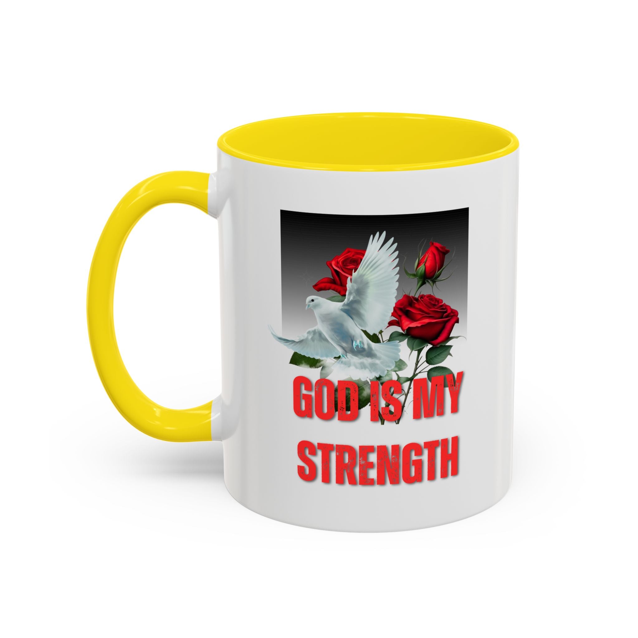 God Is My Strength Accent Coffee Mug – Inspirational Christian Dove & Roses (11/15oz)