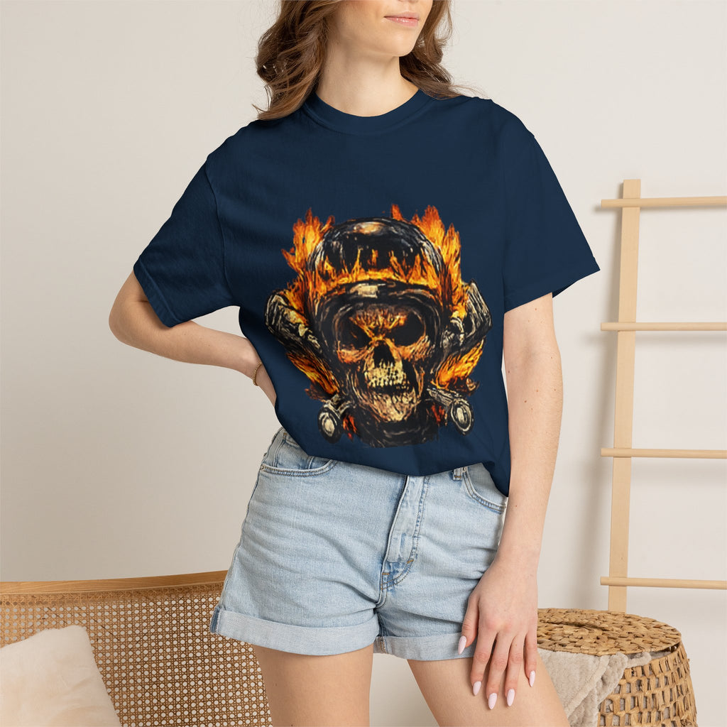 Flaming Skull Helmet T‑Shirt — Biker Rock Graphic Tee