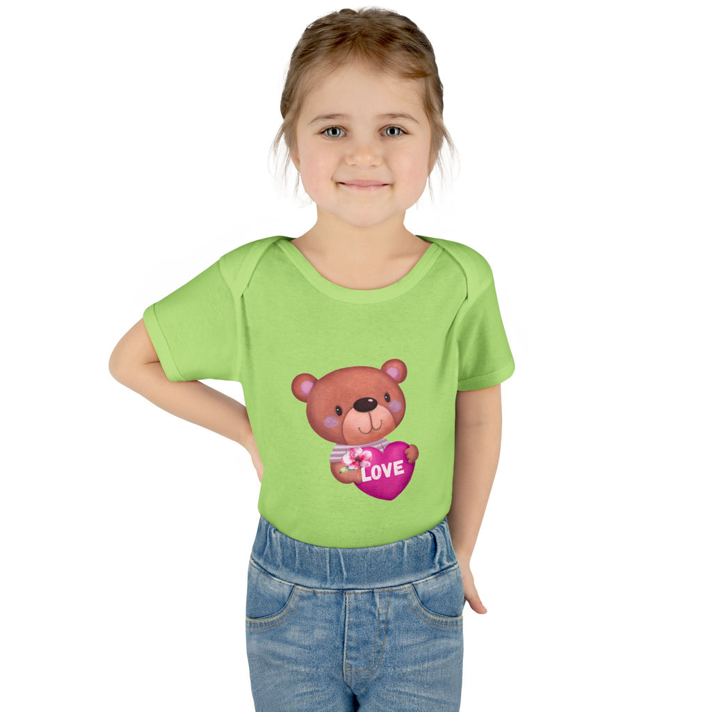 Baby Bodysuit - Cute Teddy Holding 'Love' Heart | Infant Valentine Onesie