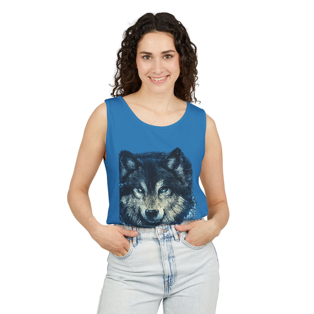 Wolf Face Tank Top — Vintage Blue Wolf Graphic Animal Lover Tee