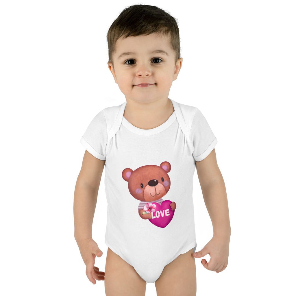 Baby Bodysuit - Cute Teddy Holding 'Love' Heart | Infant Valentine Onesie