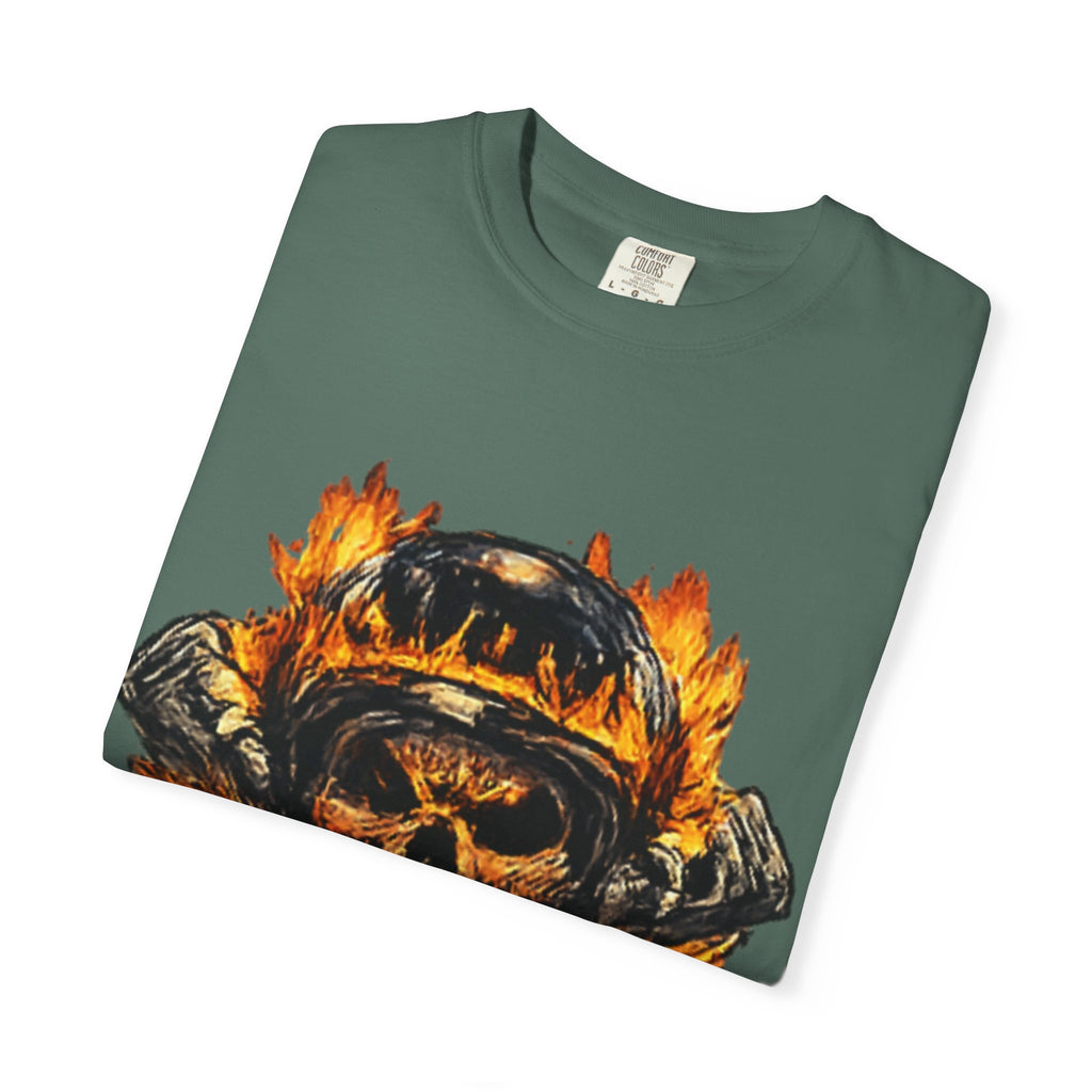 Flaming Skull Helmet T‑Shirt — Biker Rock Graphic Tee