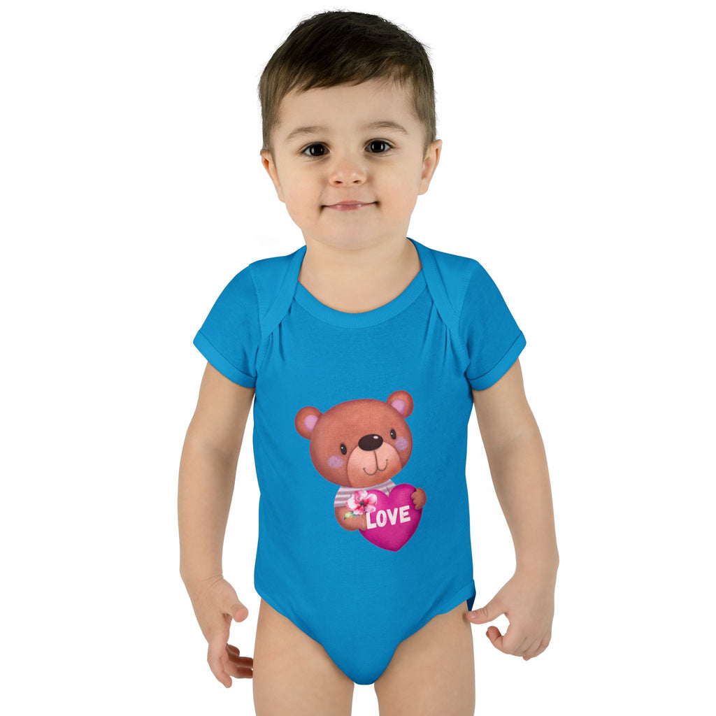 Baby Bodysuit - Cute Teddy Holding 'Love' Heart | Infant Valentine Onesie