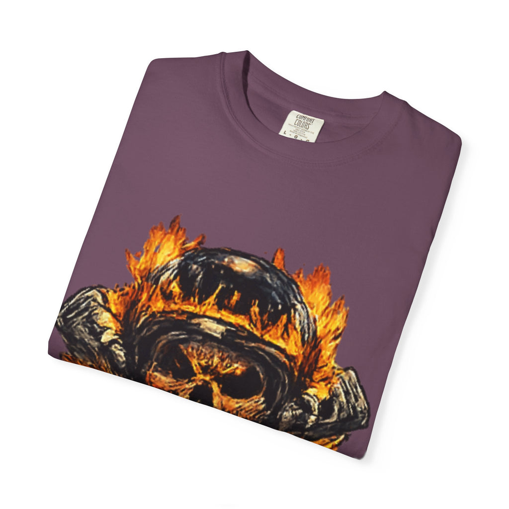 Flaming Skull Helmet T‑Shirt — Biker Rock Graphic Tee