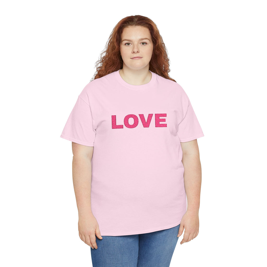 LOVE Glitter Text T-Shirt — Women's Pink Sparkle Tee for Valentine's Day
