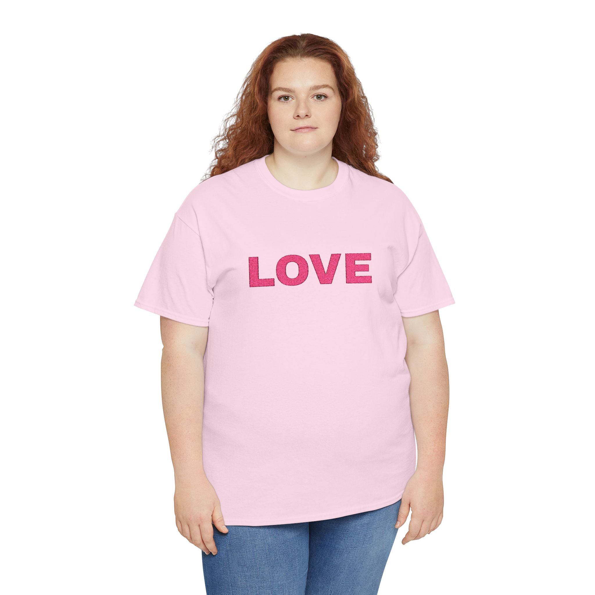 LOVE Glitter Text T-Shirt — Women's Pink Sparkle Tee for Valentine's Day