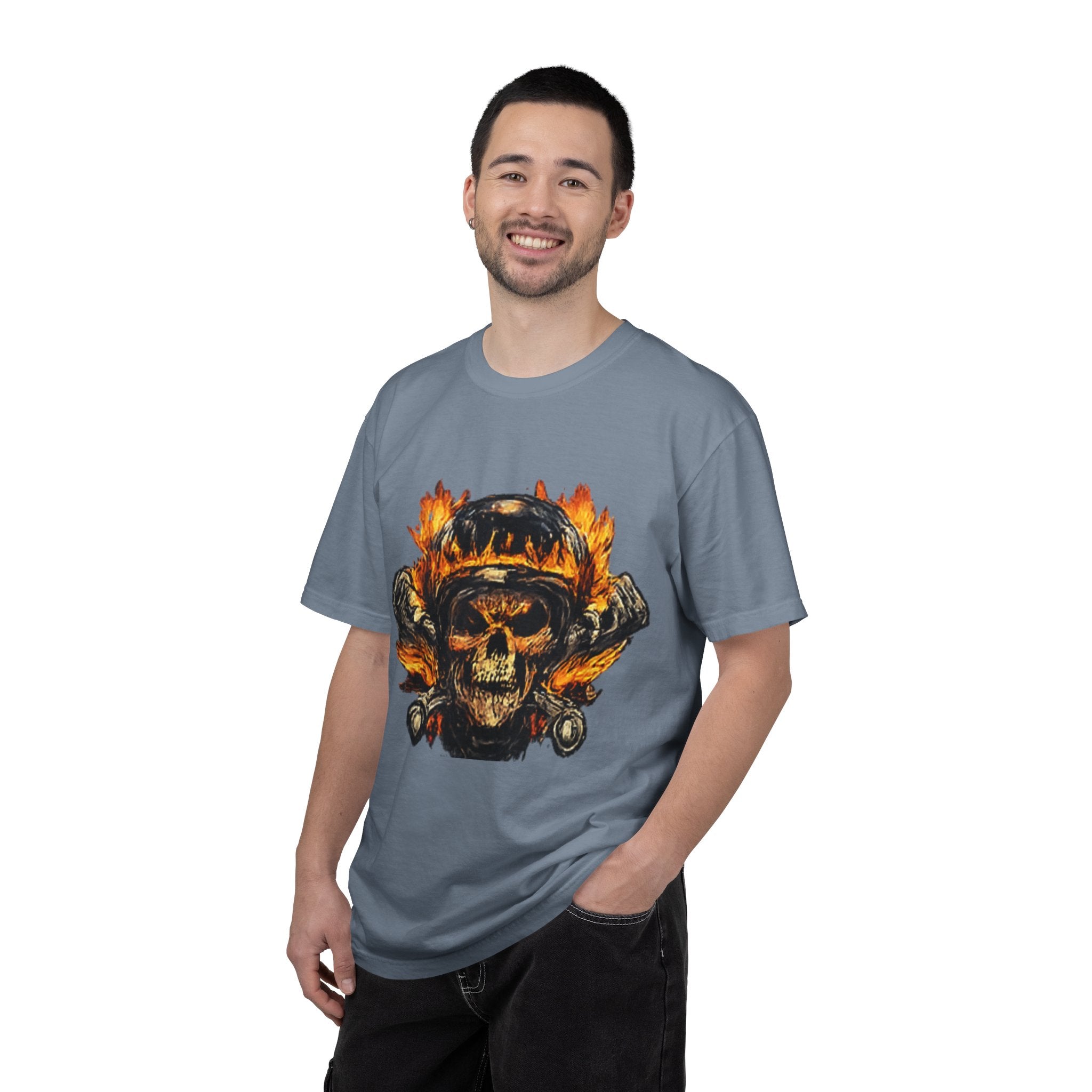 Flaming Skull Helmet T‑Shirt — Biker Rock Graphic Tee
