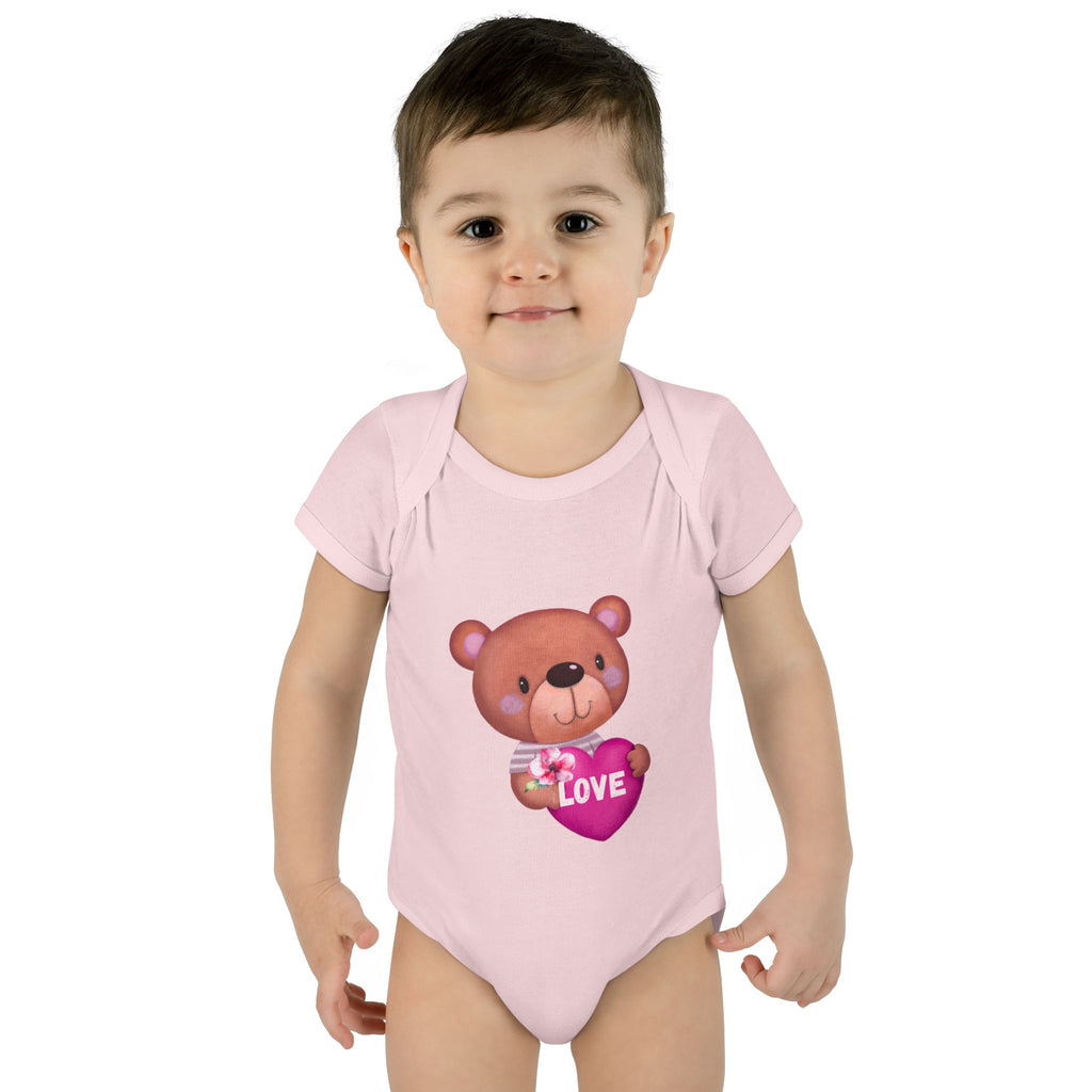 Baby Bodysuit - Cute Teddy Holding 'Love' Heart | Infant Valentine Onesie