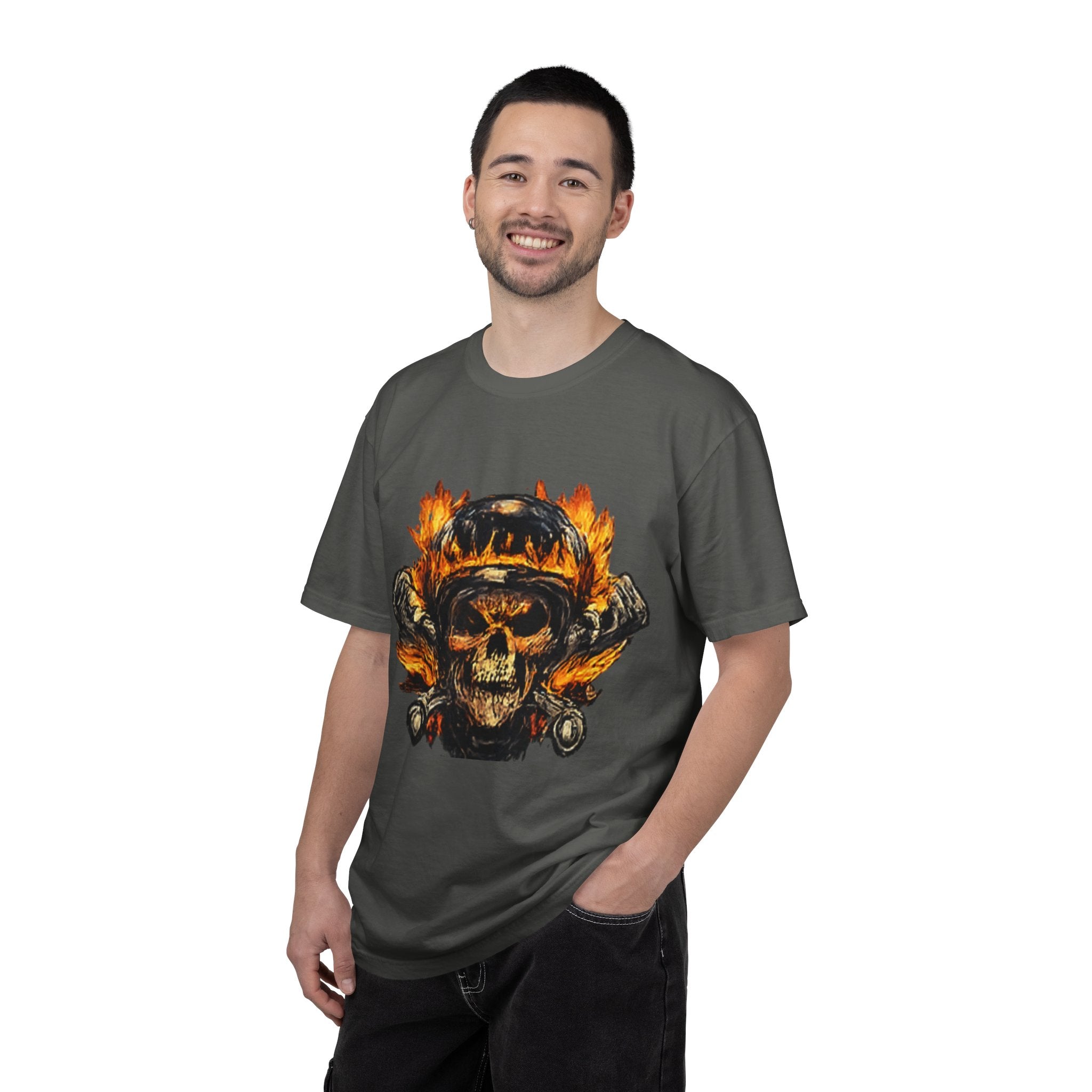 Flaming Skull Helmet T‑Shirt — Biker Rock Graphic Tee