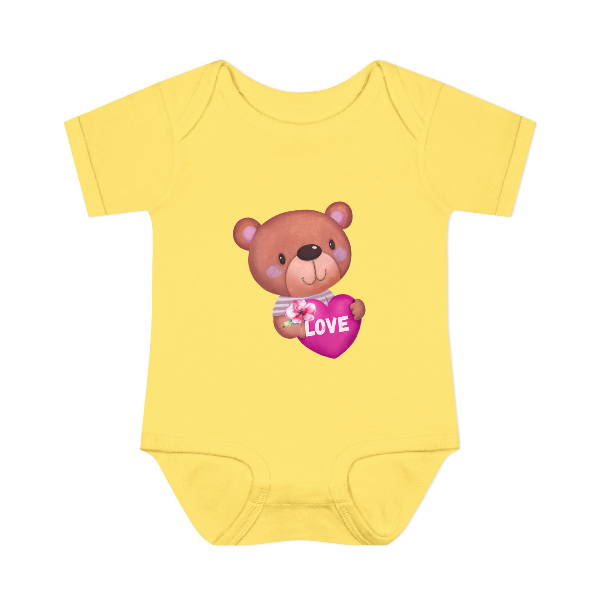 Baby Bodysuit - Cute Teddy Holding 'Love' Heart | Infant Valentine Onesie