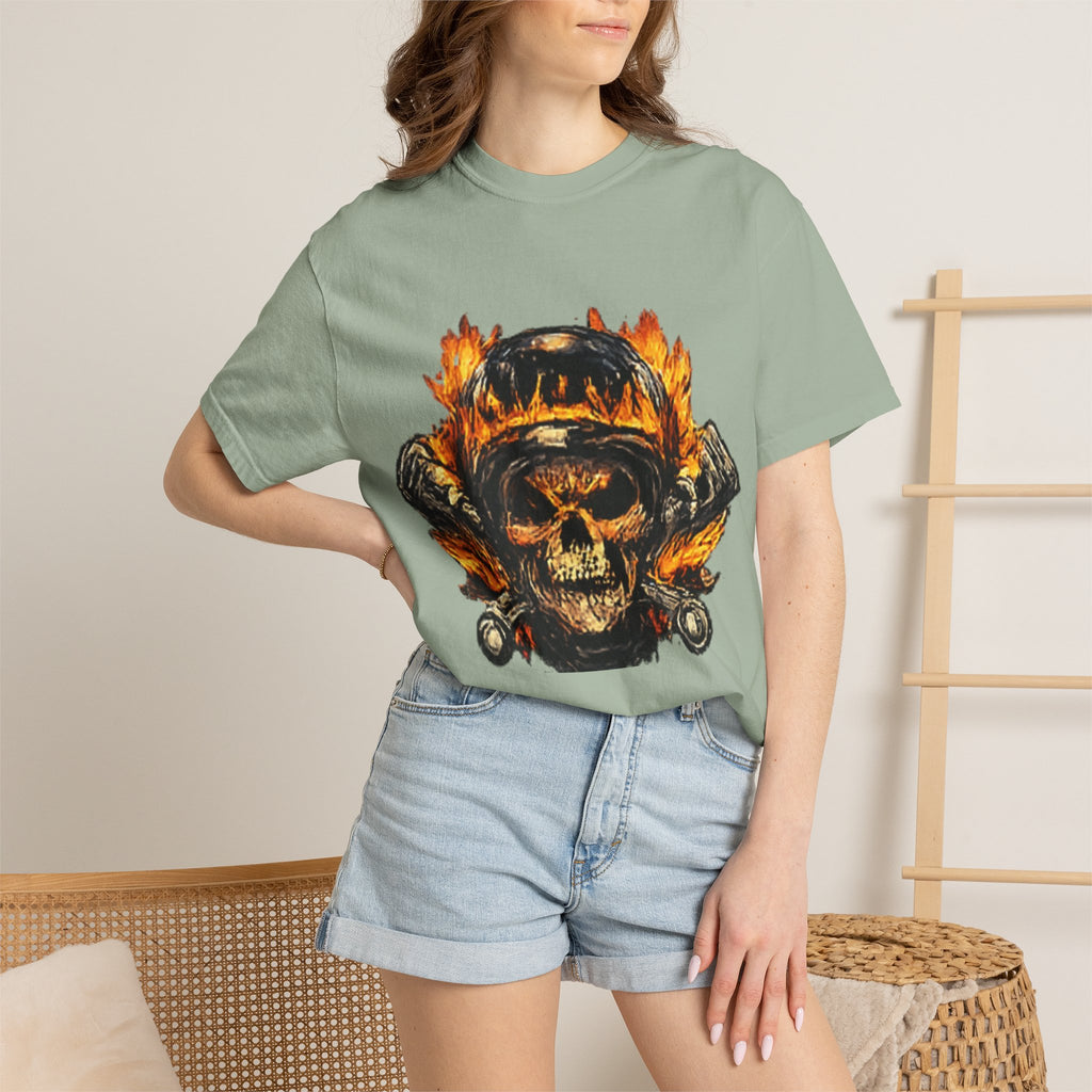 Flaming Skull Helmet T‑Shirt — Biker Rock Graphic Tee