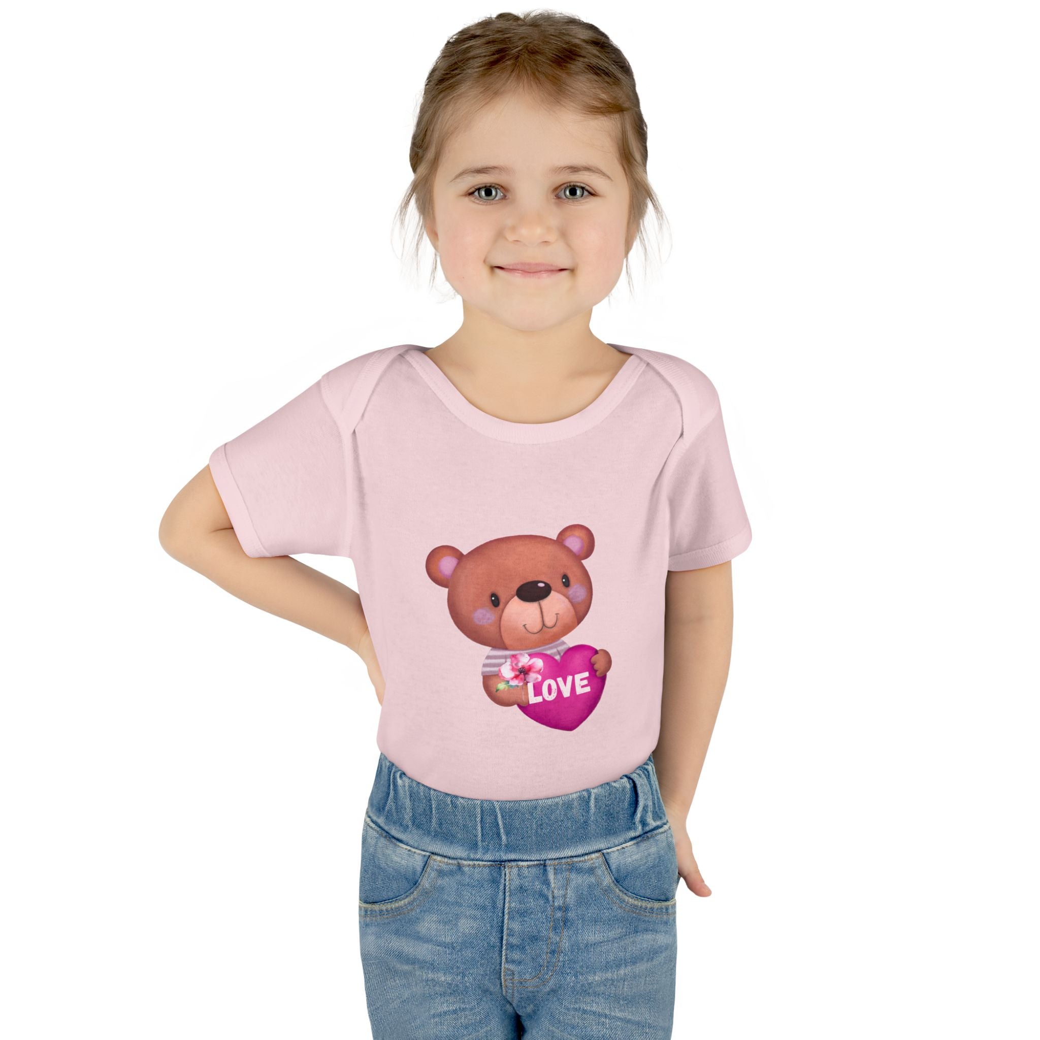 Baby Bodysuit - Cute Teddy Holding 'Love' Heart | Infant Valentine Onesie