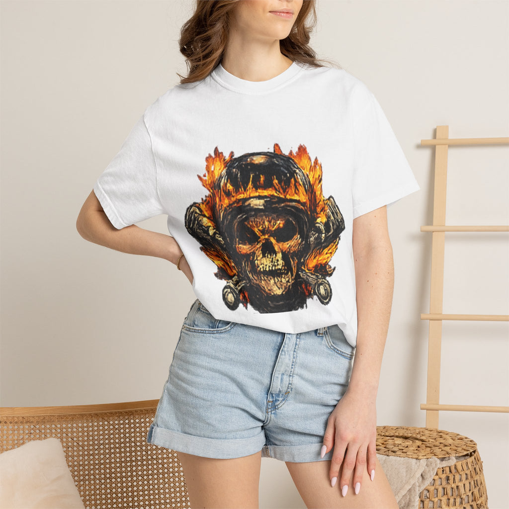 Flaming Skull Helmet T‑Shirt — Biker Rock Graphic Tee