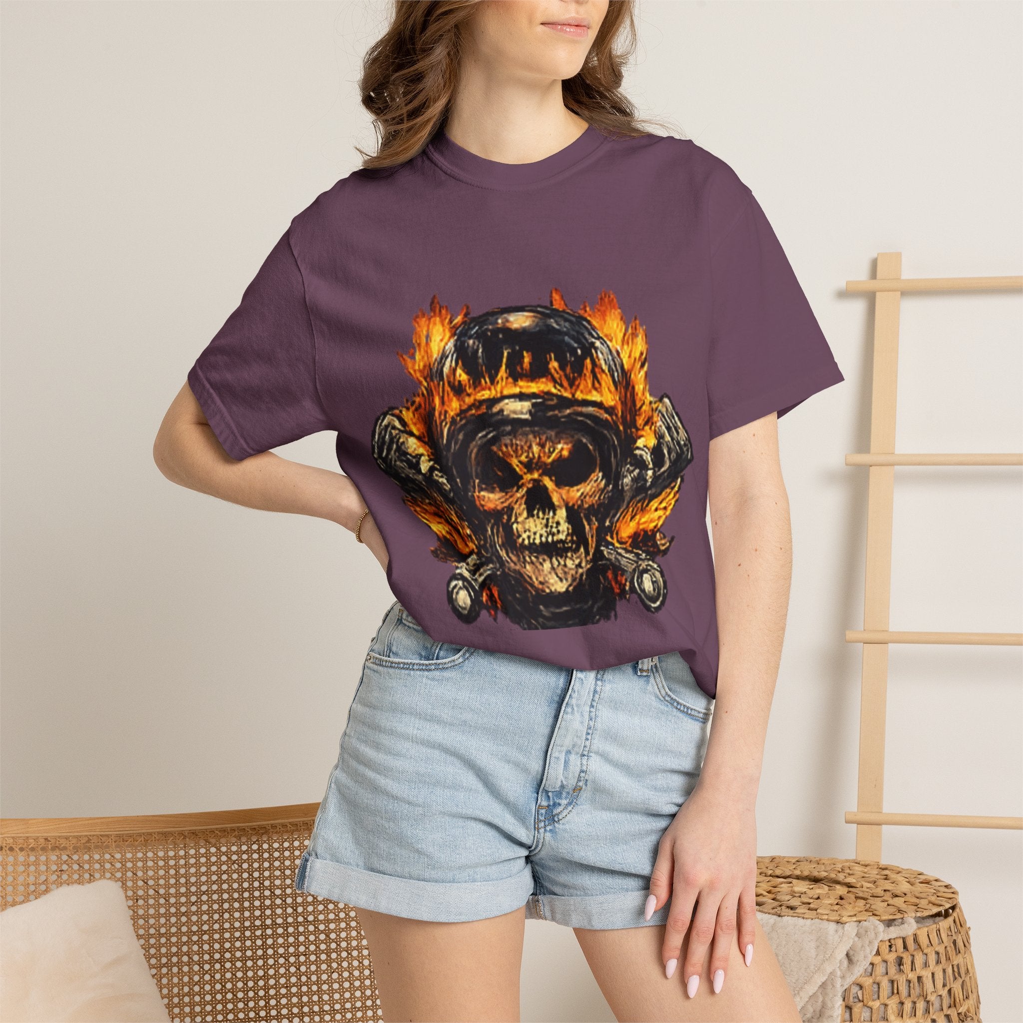 Flaming Skull Helmet T‑Shirt — Biker Rock Graphic Tee