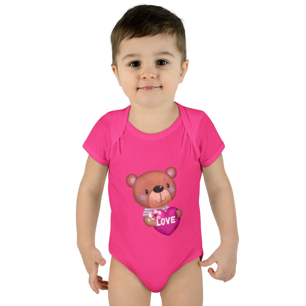 Baby Bodysuit - Cute Teddy Holding 'Love' Heart | Infant Valentine Onesie