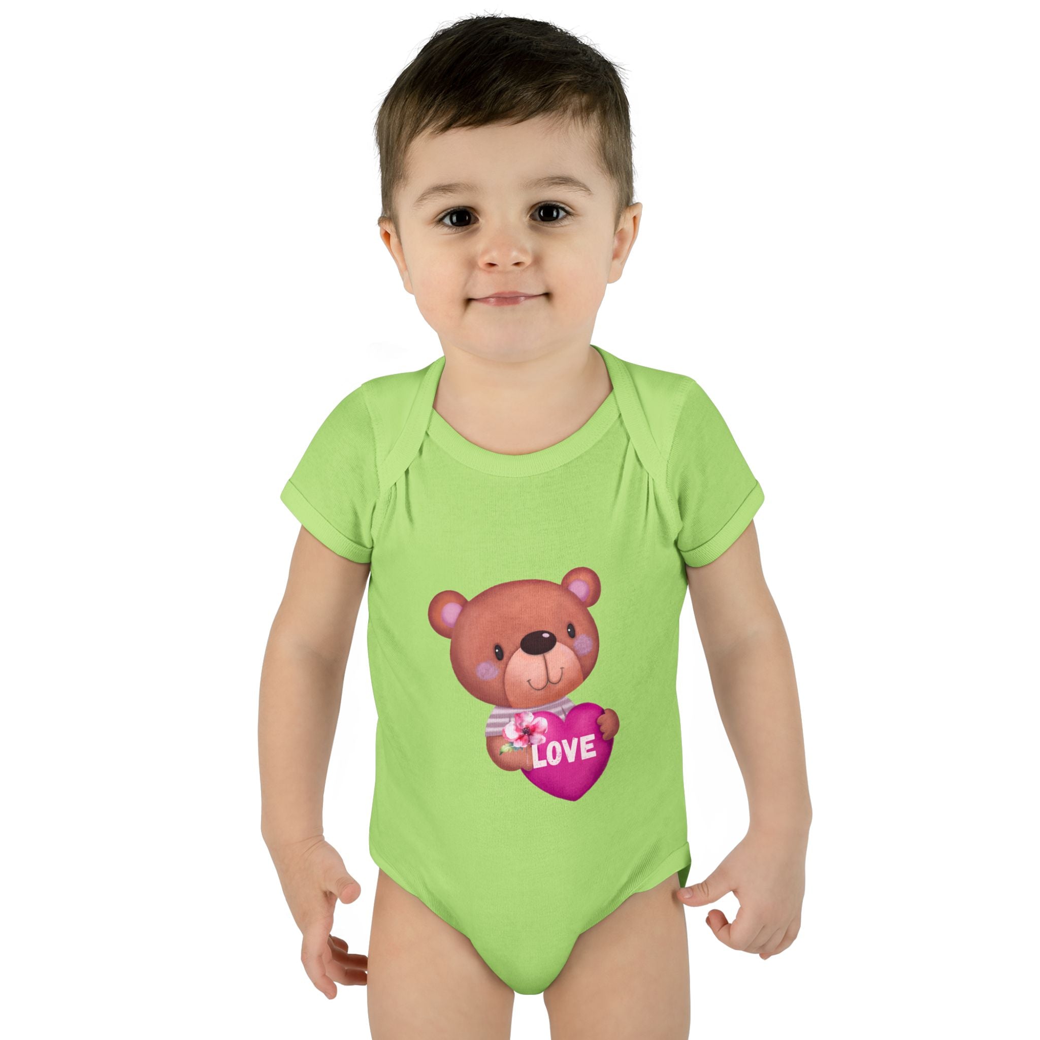 Baby Bodysuit - Cute Teddy Holding 'Love' Heart | Infant Valentine Onesie