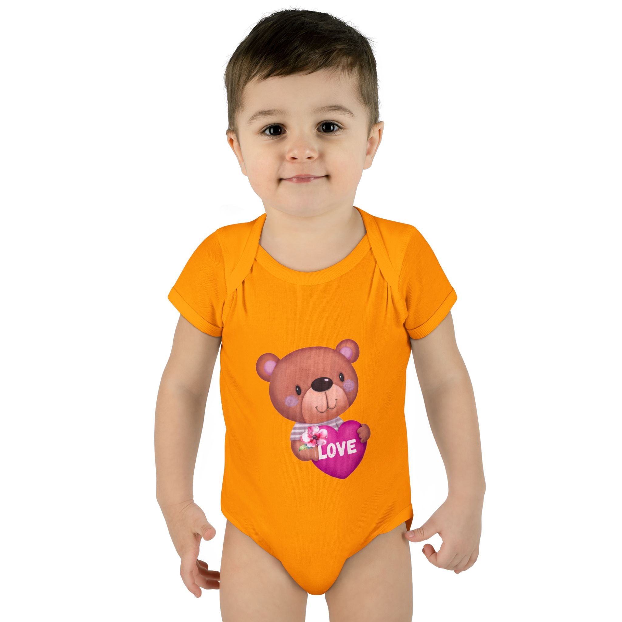 Baby Bodysuit - Cute Teddy Holding 'Love' Heart | Infant Valentine Onesie