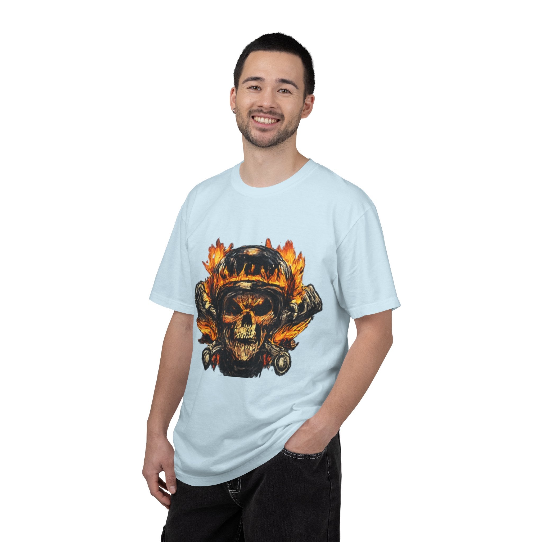 Flaming Skull Helmet T‑Shirt — Biker Rock Graphic Tee