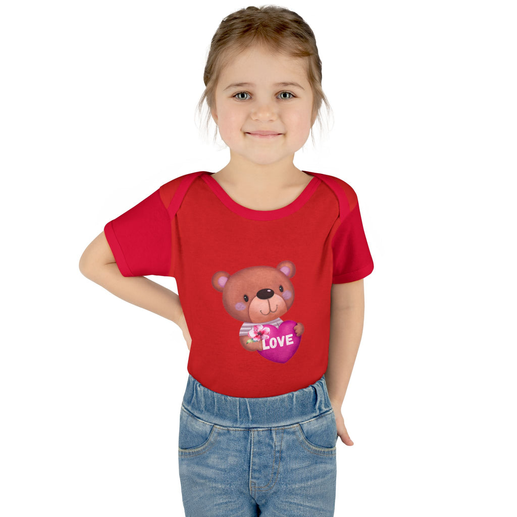 Baby Bodysuit - Cute Teddy Holding 'Love' Heart | Infant Valentine Onesie