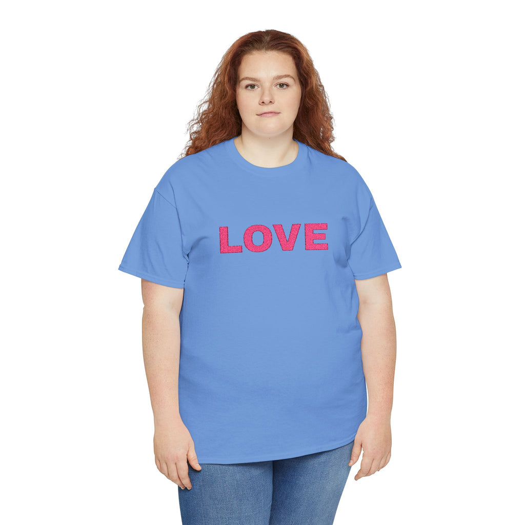 LOVE Glitter Text T-Shirt — Women's Pink Sparkle Tee for Valentine's Day