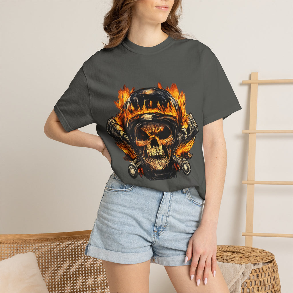 Flaming Skull Helmet T‑Shirt — Biker Rock Graphic Tee