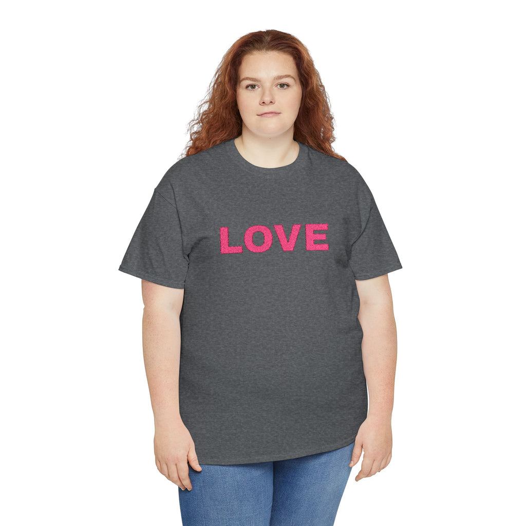 LOVE Glitter Text T-Shirt — Women's Pink Sparkle Tee for Valentine's Day