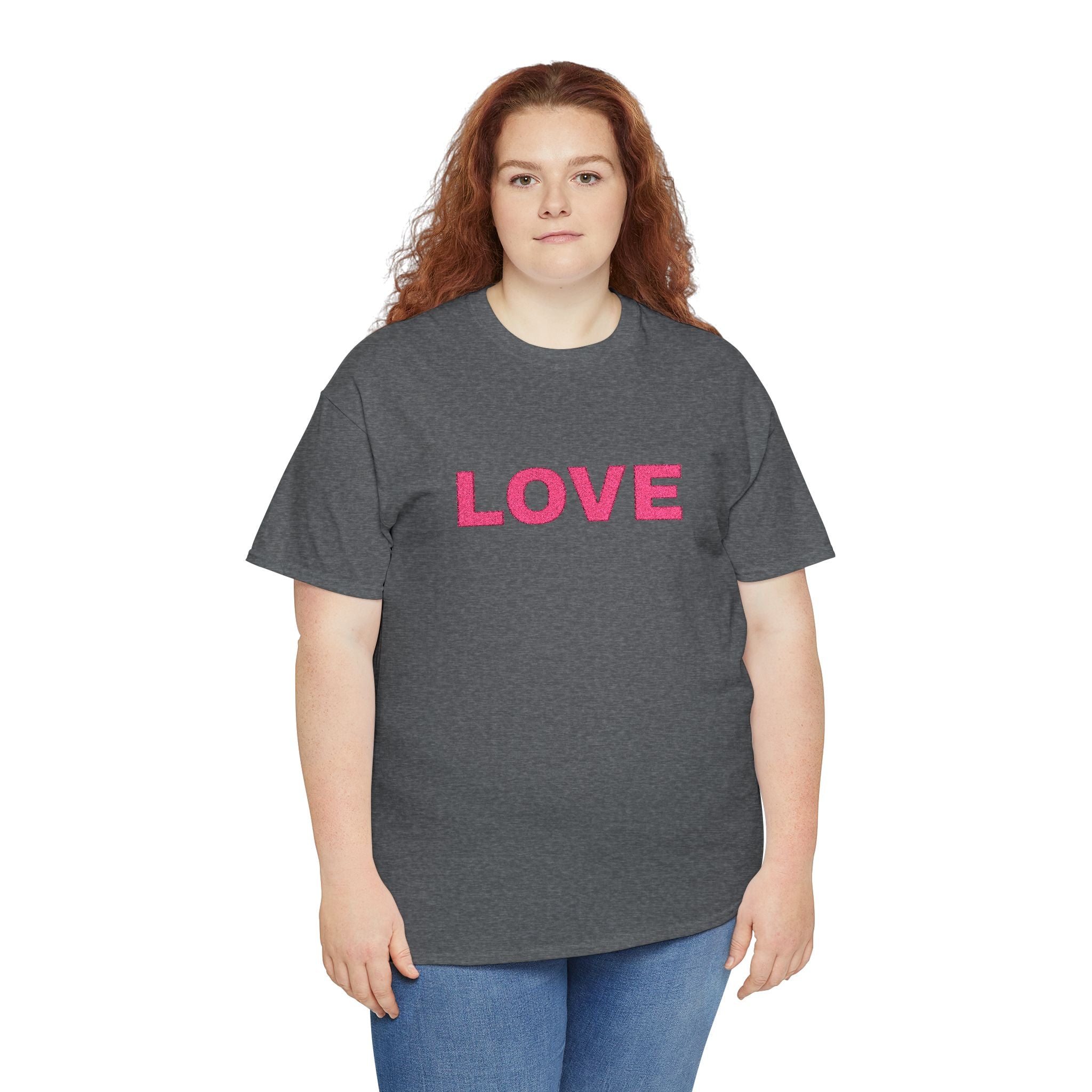 LOVE Glitter Text T-Shirt — Women's Pink Sparkle Tee for Valentine's Day