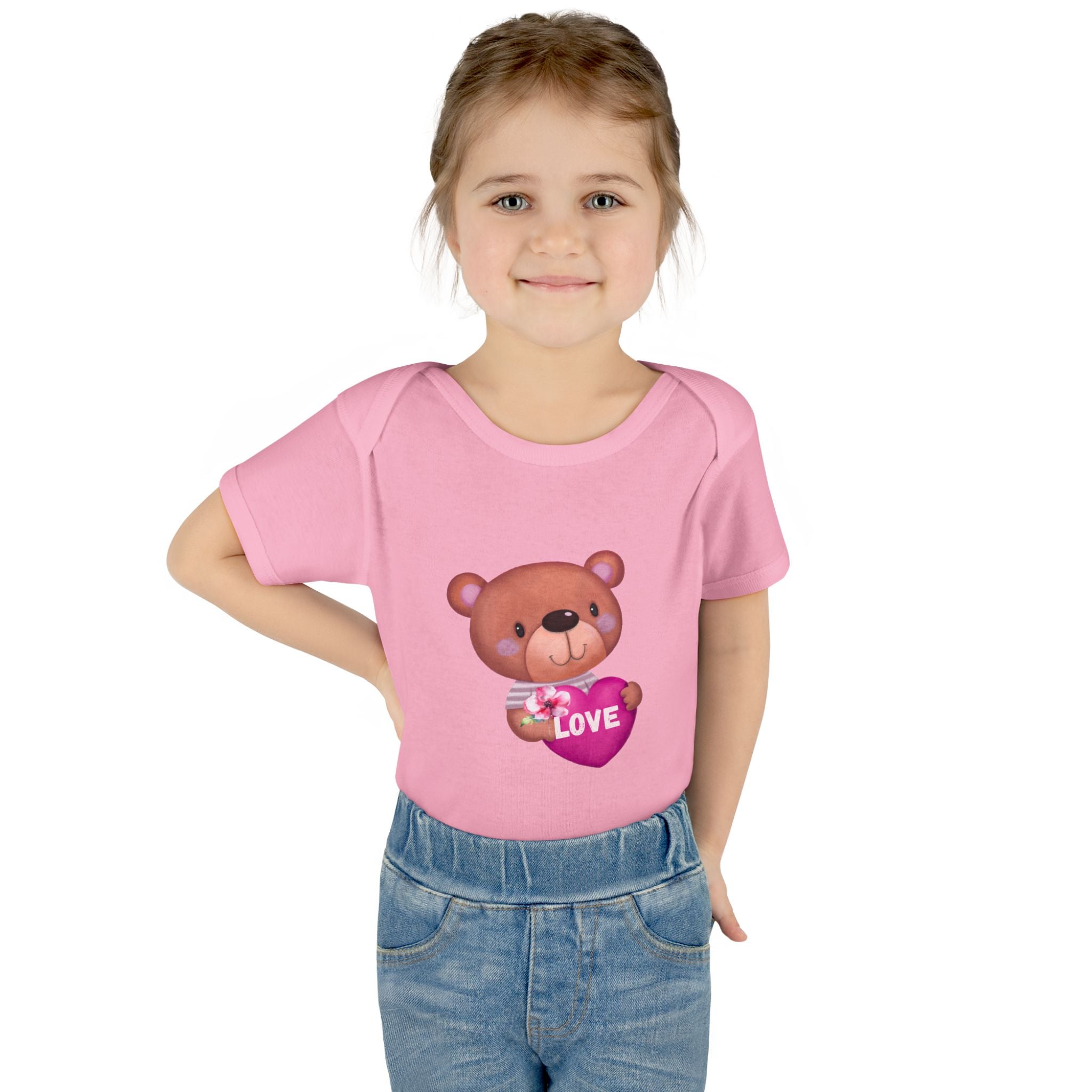 Baby Bodysuit - Cute Teddy Holding 'Love' Heart | Infant Valentine Onesie