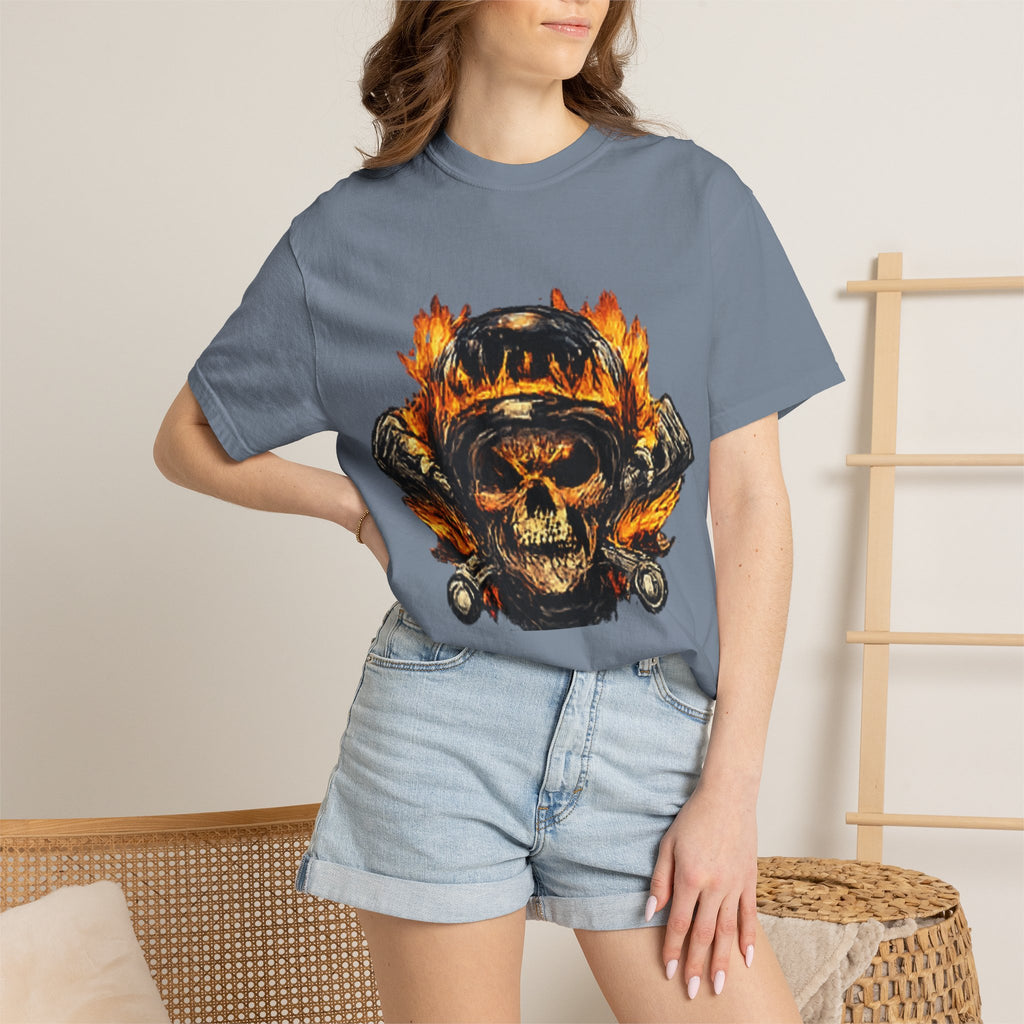 Flaming Skull Helmet T‑Shirt — Biker Rock Graphic Tee