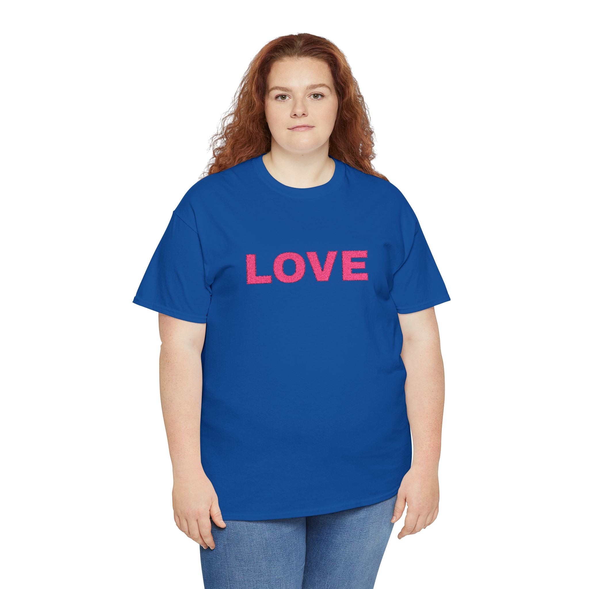 LOVE Glitter Text T-Shirt — Women's Pink Sparkle Tee for Valentine's Day