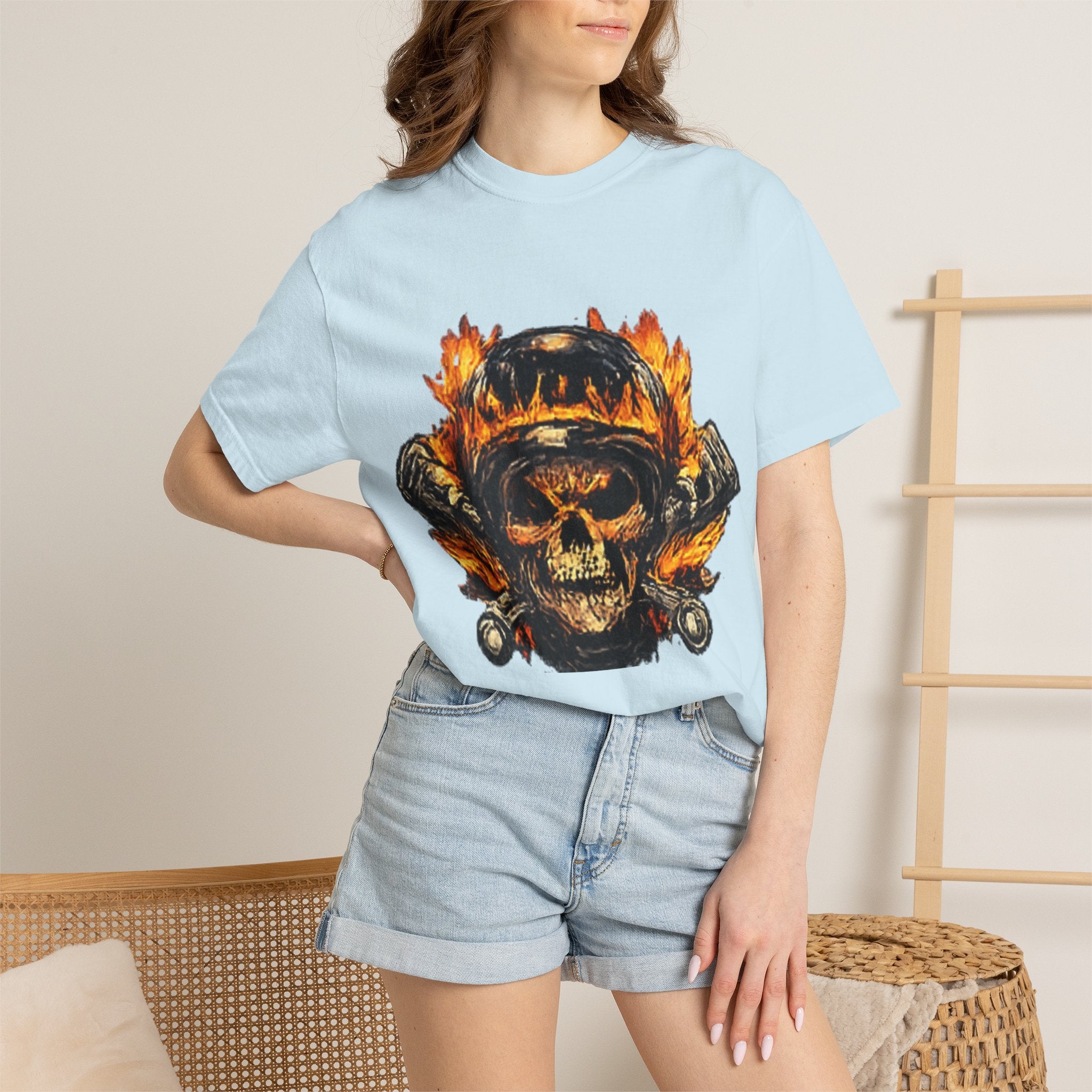 Flaming Skull Helmet T‑Shirt — Biker Rock Graphic Tee