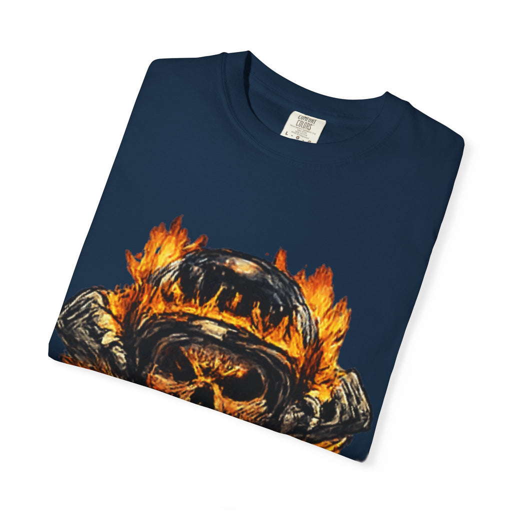 Flaming Skull Helmet T‑Shirt — Biker Rock Graphic Tee