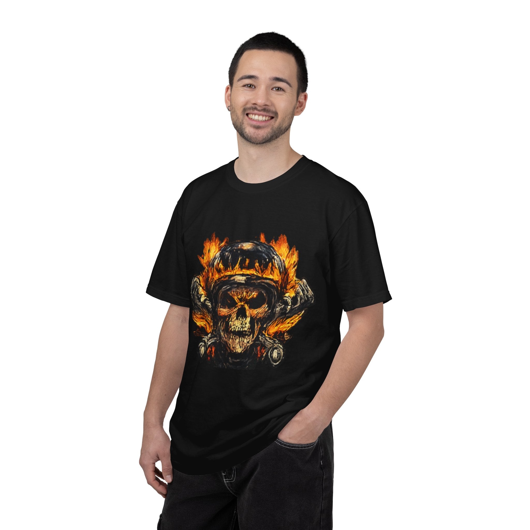 Flaming Skull Helmet T‑Shirt — Biker Rock Graphic Tee